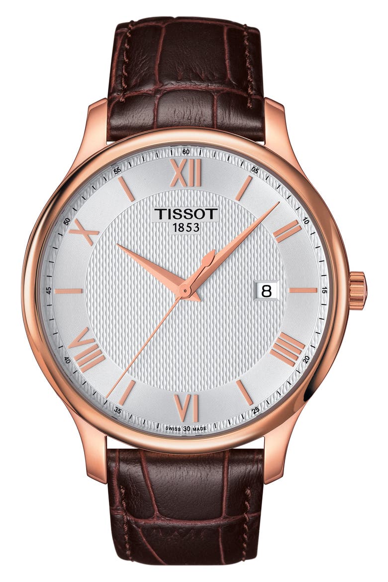 Tradition Leather Strap Watch, 42mm, Main, color, BROWN/ SILVER/ ROSE GOLD