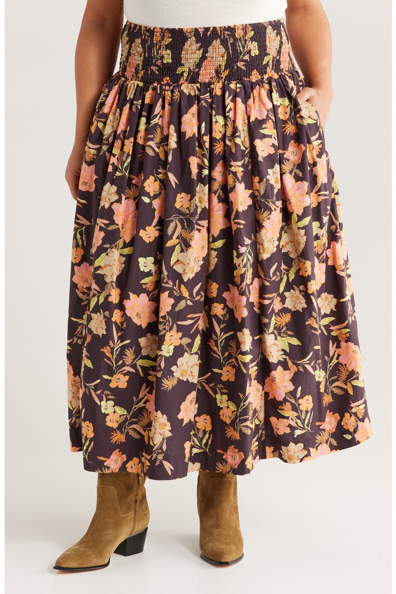 Floral Print Smocked Waist Skirt, Main, color, BURG- PINK JORDAN FLORAL