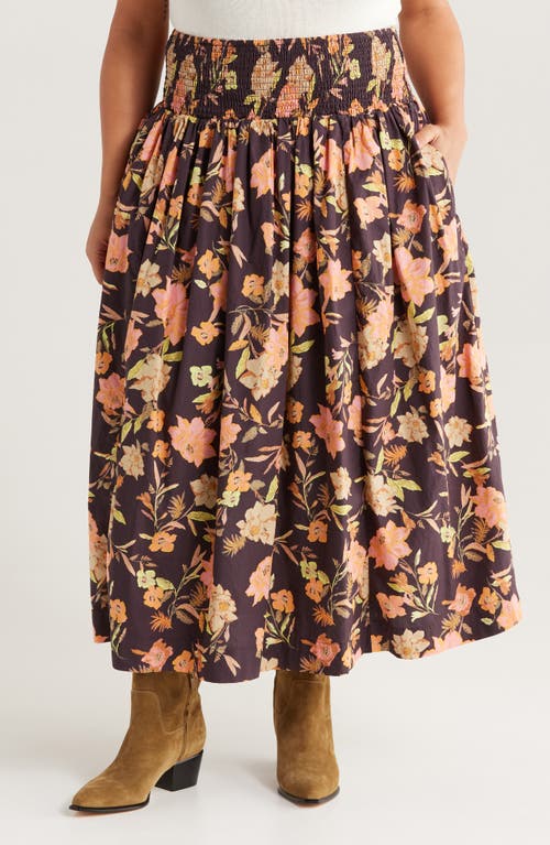 Treasure & Bond Floral Print Smocked Waist Skirt In Brown