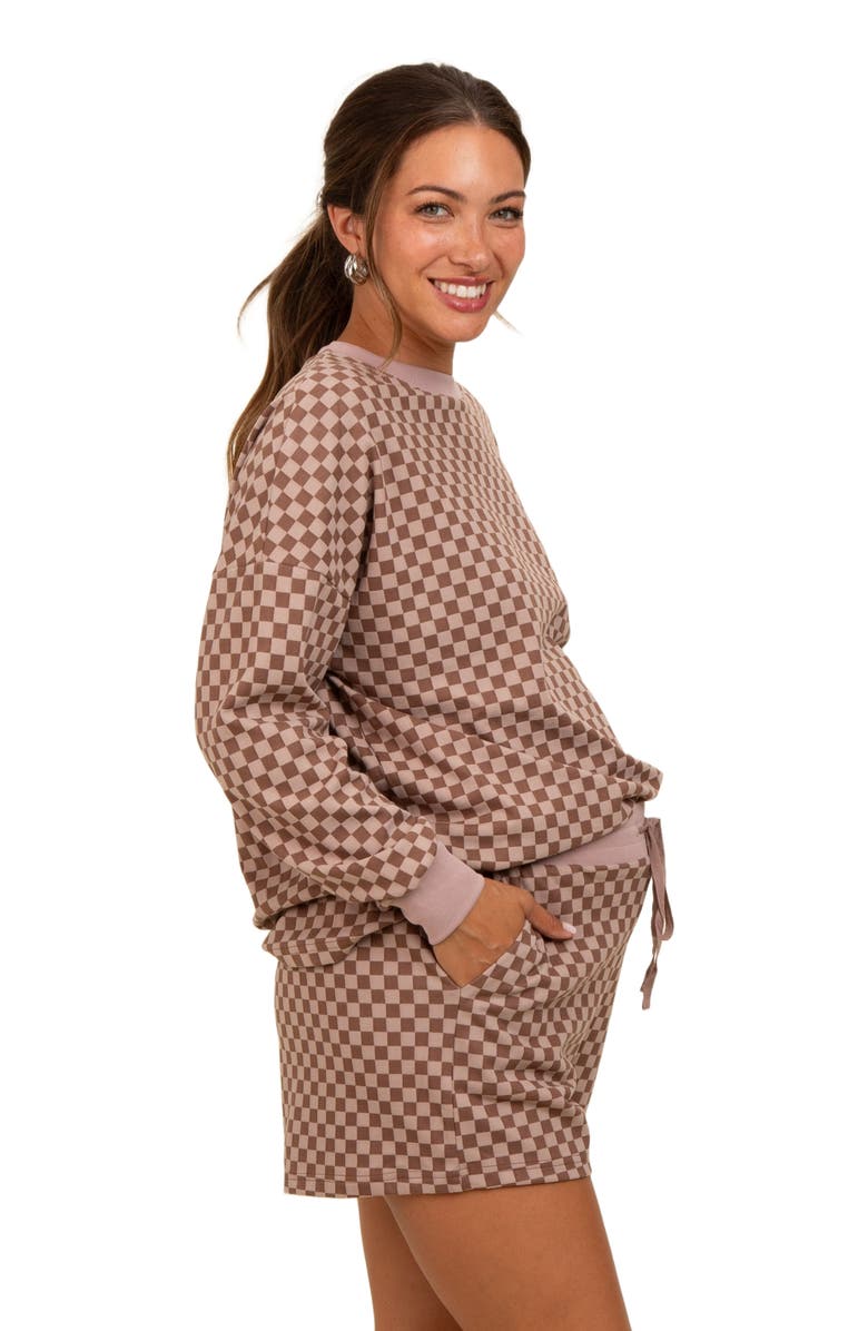 PinkBlush Checkered Plaid Pullover Shorts Set, Alternate, color, Mocha