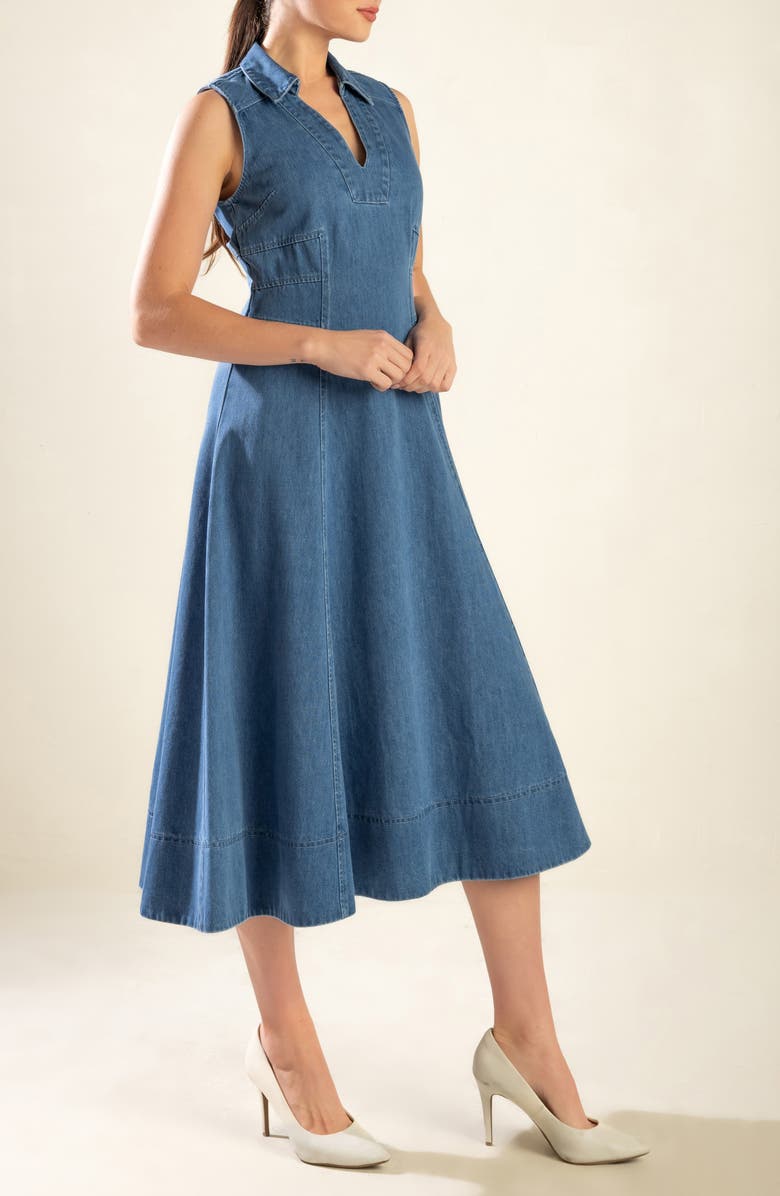 FREEMARKET Sleeveless Washed Denim Midi Dress, Alternate, color, Medium Denim