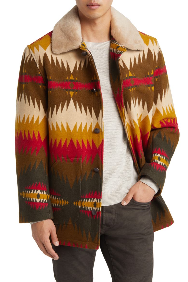 Brownsville Wool & Cotton Coat with Genuine Shearling Collar, Main, color, TYE RIVER OLIVE