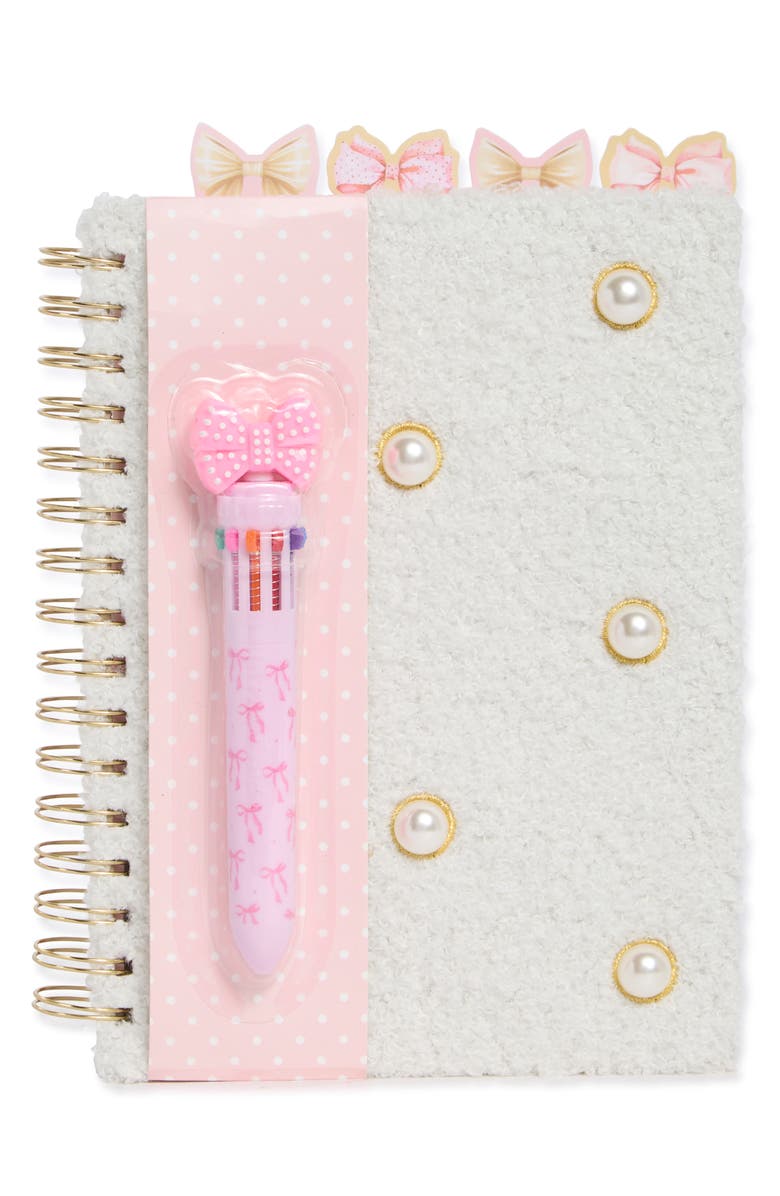 SIMPLE PLEASURES Faux Pearl Bow Faux Shearling Notebook & Pen Set, Main, color, Ivory