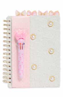 SIMPLE PLEASURES Faux Pearl Bow Faux Shearling Notebook & Pen Set
