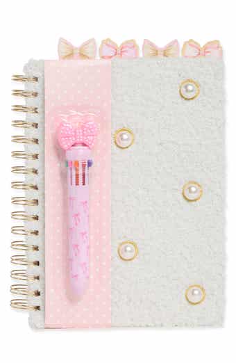 SIMPLE PLEASURES Faux Pearl Bow Faux Shearling Notebook & Pen Set