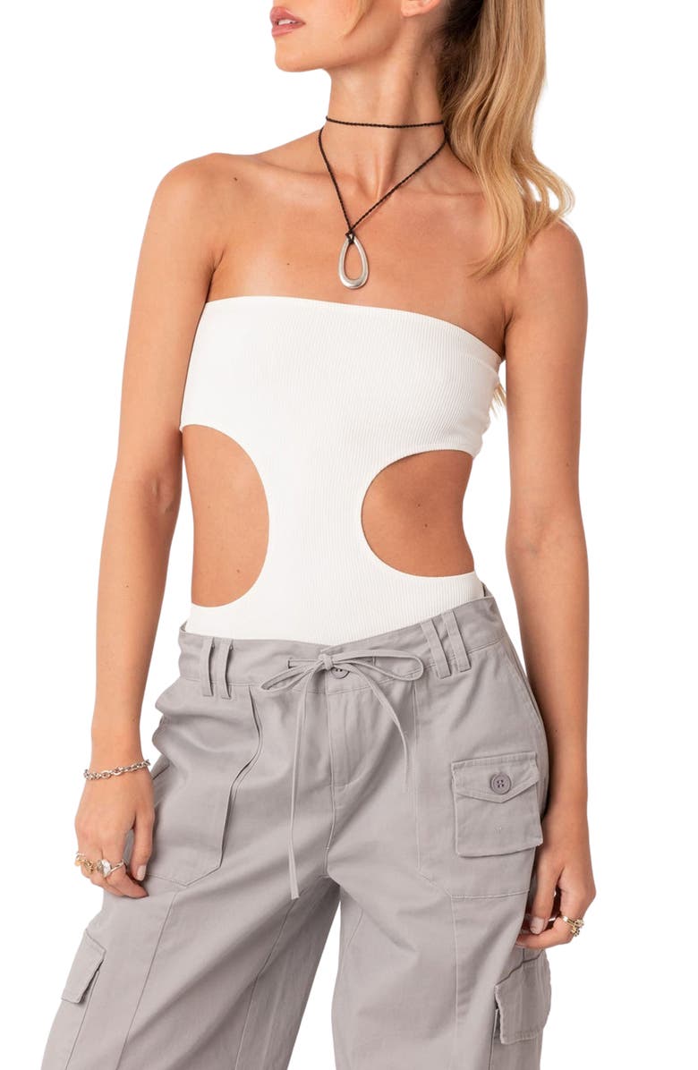EDIKTED Vivie Cutout Strapless Rib Bodysuit, Alternate, color, 
