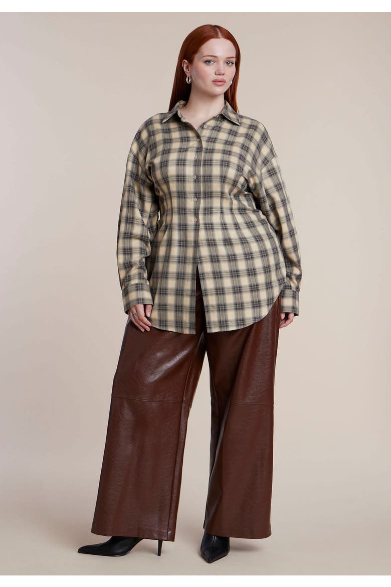 Cinched Waist Plaid Flannel (plus), Alternate, color, CREAM PLAID