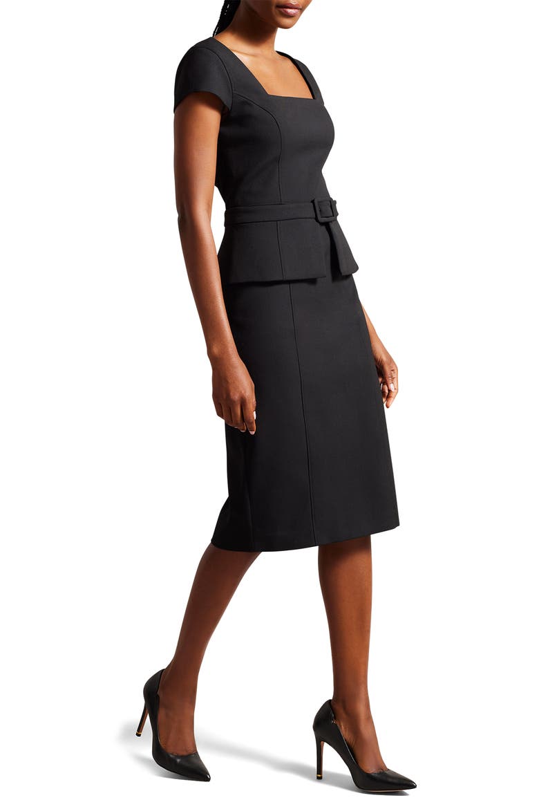 Fleuurr Square Neck Belted Sheath Dress, Main, color, BLACK