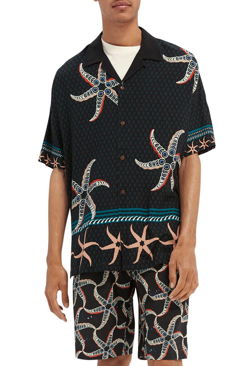 Tropical Print Button-Up Shirt, Main, color, BLUE