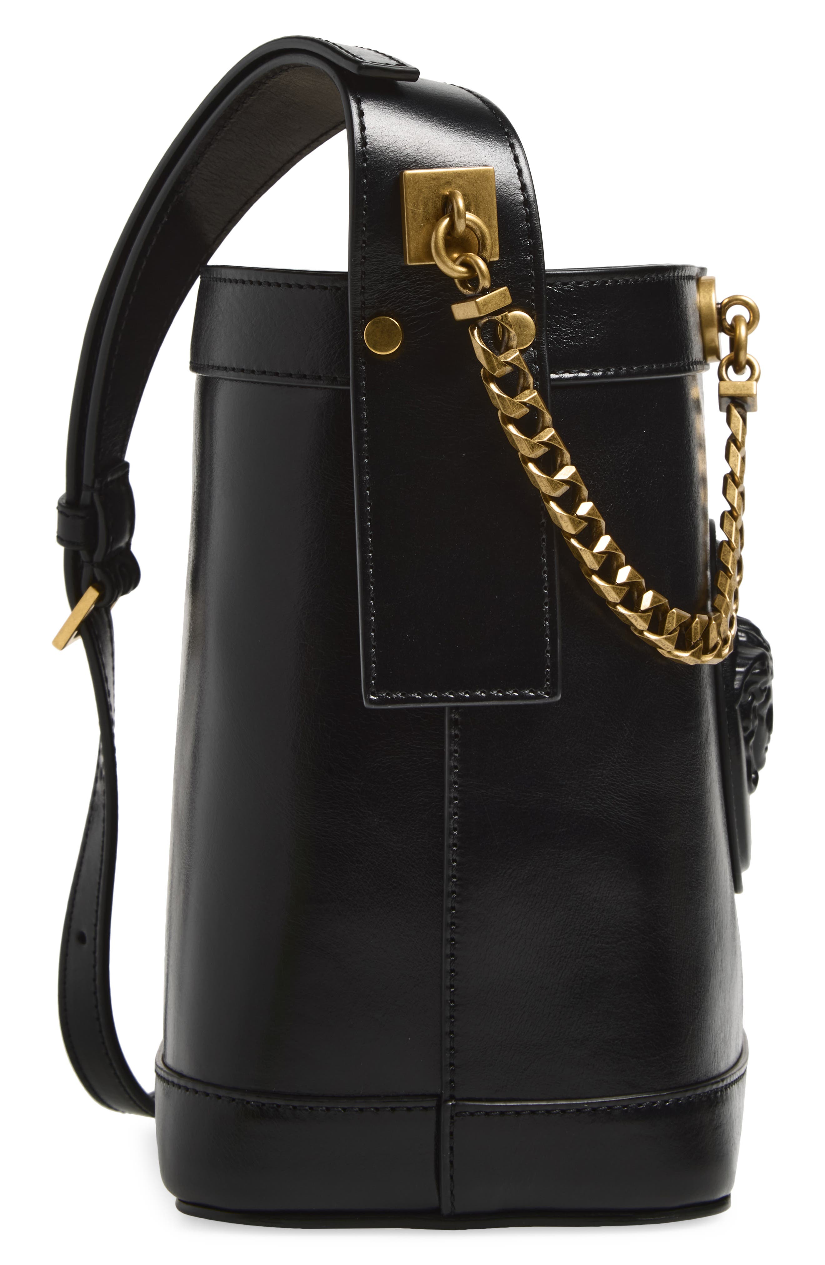 Mini Pivot Leather Bucket Bag, Alternate, color, BLACK-GOLD 82