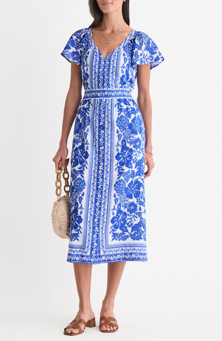 vineyard vines Britt Floral Short Sleeve Midi Dress, Main, color, Scarf Print White