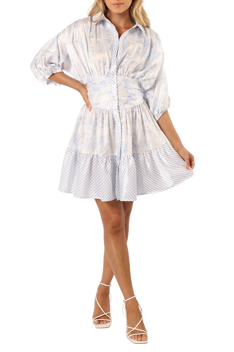 Leigha Floral & Stripe Shirtdress, Main, color, BLUE