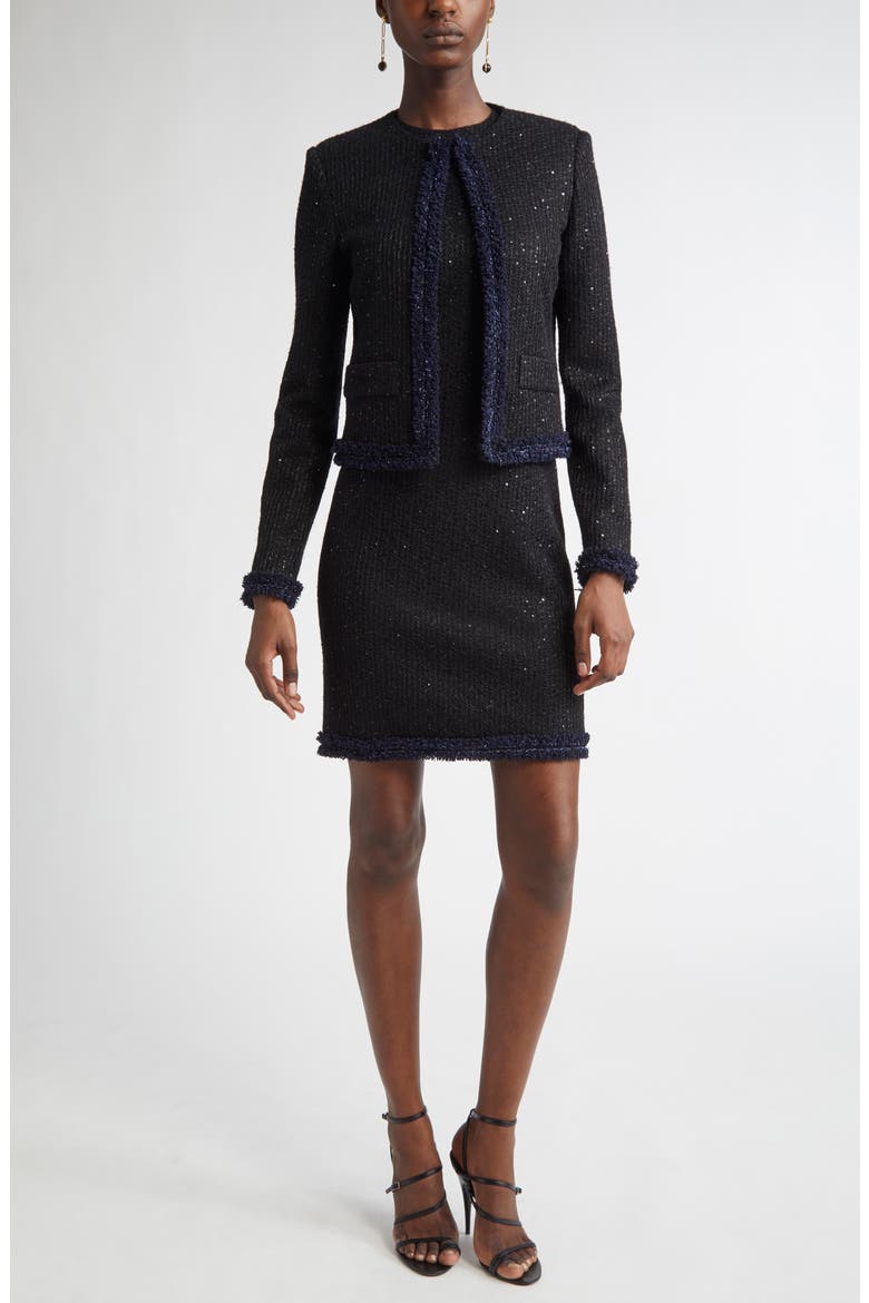 Sequin Tweed Knit Jacket, Alternate, color, BLACK/ NAVY