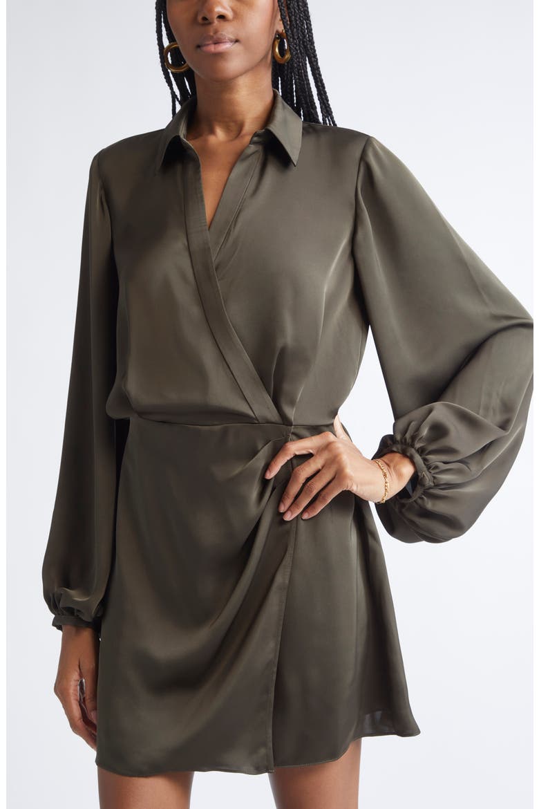 Carolyn Wrap Front Long Sleeve Satin Dress, Alternate, color, DEEP OLIVE