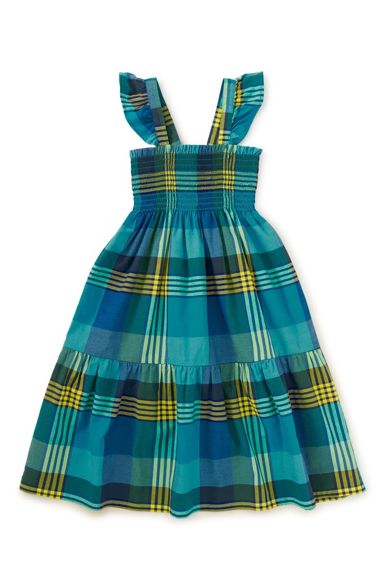 Tea Collection Smocked Flutter Sleeve Dress, Main, color, Amazonian Plaid