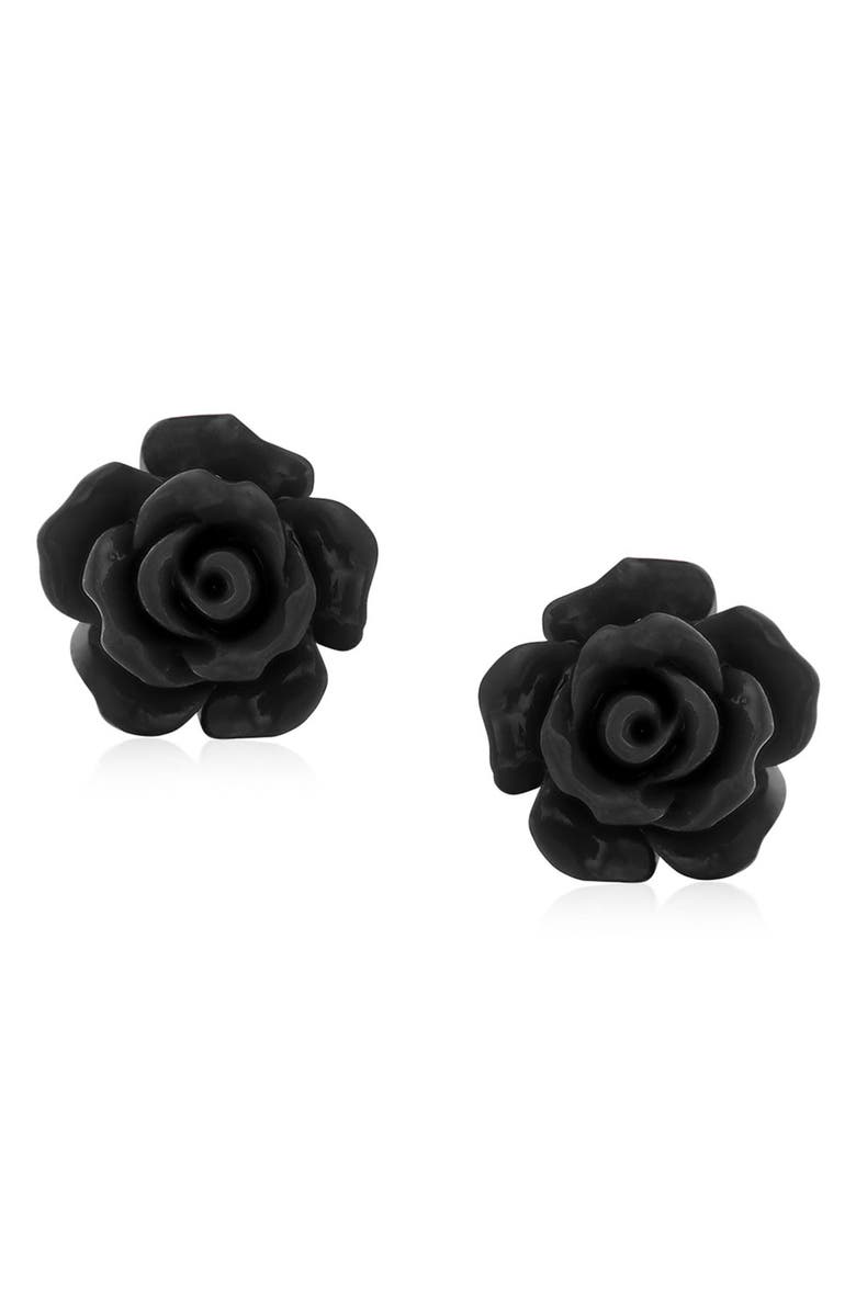 BLING JEWELRY 3D Rose Stud Earrings, Main, color, Black