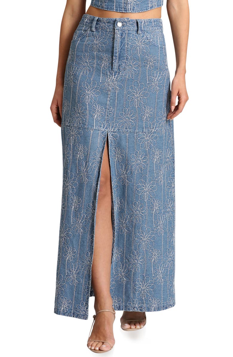 Avec Les Filles Floral Embroidered Slit Denim Maxi Skirt, Main, color, 