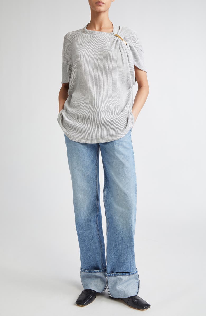 Brandon Maxwell The Faye Asymmetric Rib T-Shirt, Alternate, color, Heather Grey/ Gold