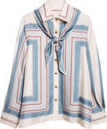 Zimmermann Relaxed Stripe Silk Button-Up Shirt with Removable Scarf