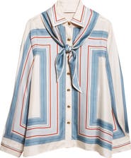 Zimmermann Relaxed Stripe Silk Button-Up Shirt with Removable Scarf
