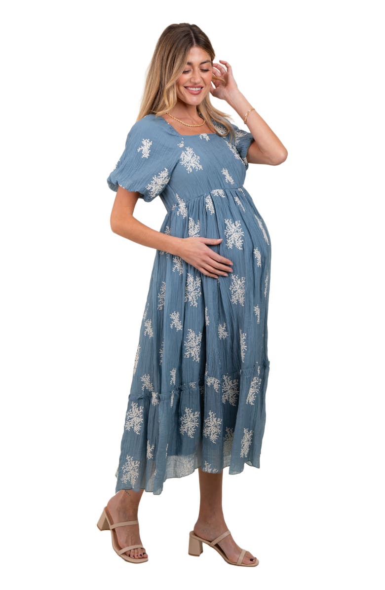 PinkBlush Floral Print Ruffle Hem Midi Dress, Alternate, color, Blue