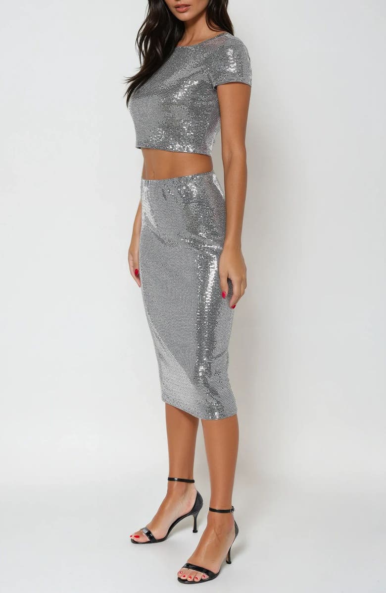 bebe Sequin Top & Skirt Set, Alternate, color, Pewter