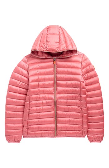 Save The Duck Kids' Iris Shiny Water Repellent Hooded Puffer Jacket In Pink