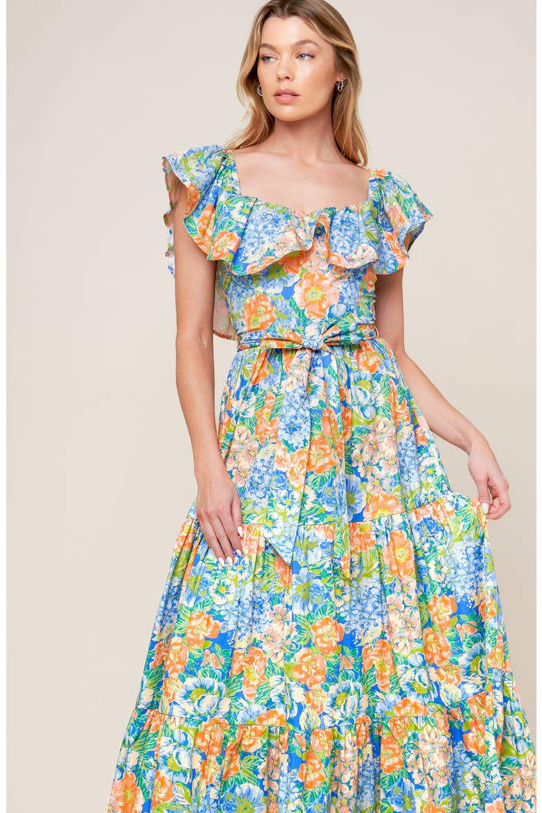 Floral Ruffle Cap Sleeve Cotton Maxi Dress, Alternate, color, CORAL/ POWDER BLUE
