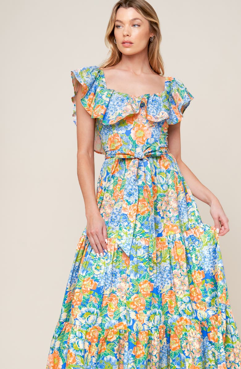 FLYING TOMATO Floral Ruffle Cap Sleeve Cotton Maxi Dress, Alternate, color, Coral/ Powder Blue