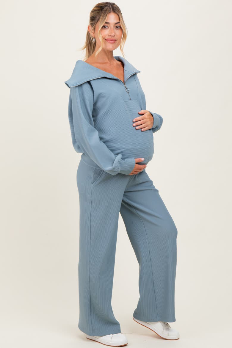 RIbbed Half Zip Pullover Wide Leg Pant Set, Alternate, color, Light Blue