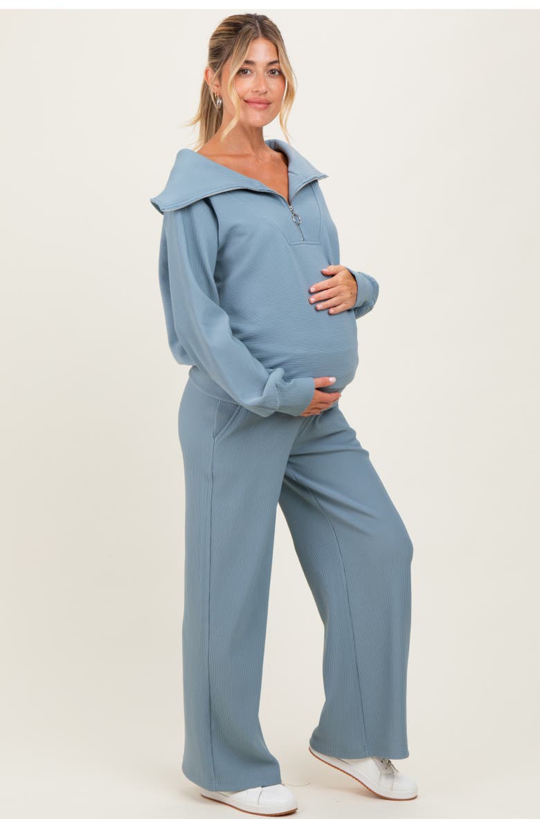 PinkBlush RIbbed Half Zip Pullover Wide Leg Pant Set, Alternate, color, Light Blue
