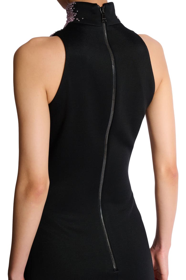 Milano jersey halterneck dress with "Amethyst" embroidery, Alternate, color, black