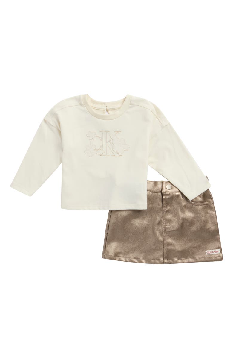 Calvin Klein Long Sleeve T-Shirt & Skirt Set, Main, color, Ivory Multi