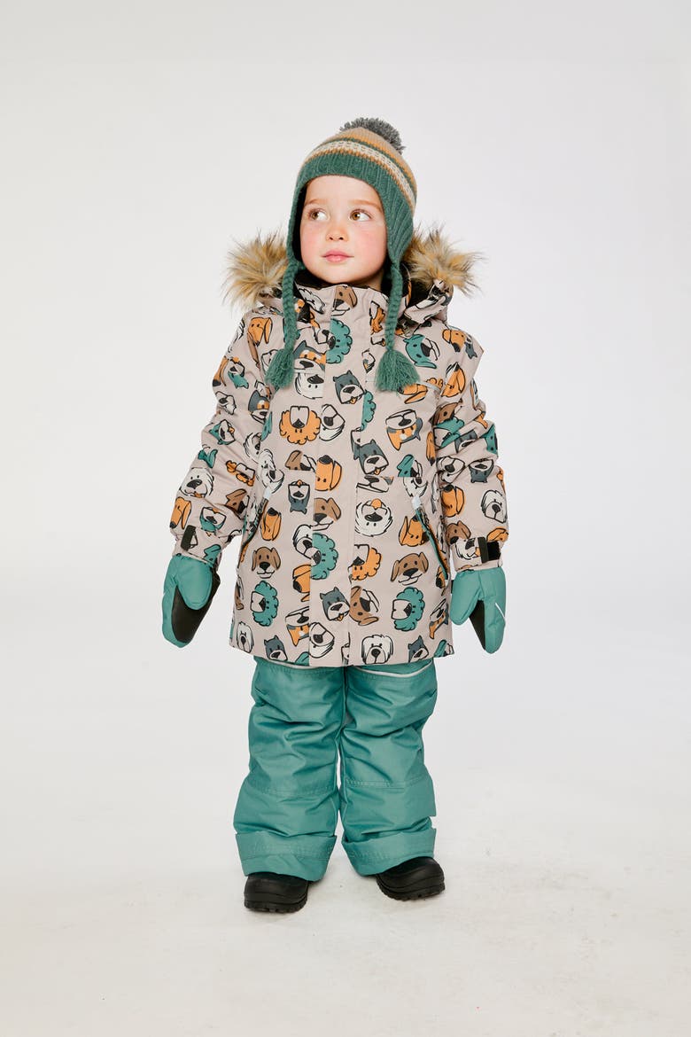 Discover Dog Fleece Jacket Snow Pants Two Piece Snowsuit, Alternate, color, Beige Printed with Dogs