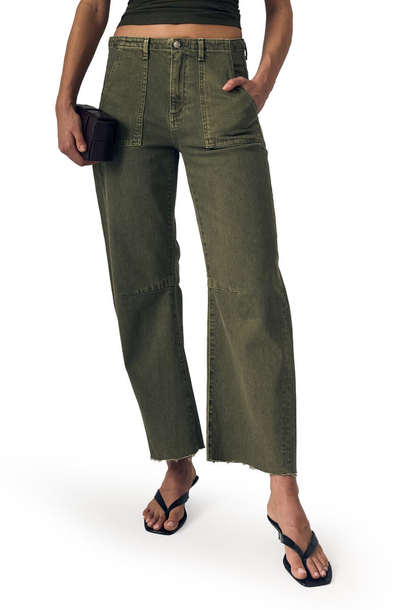 LE JEAN Raw Hem Barrel Utility Jeans, Main, color, Olive Green