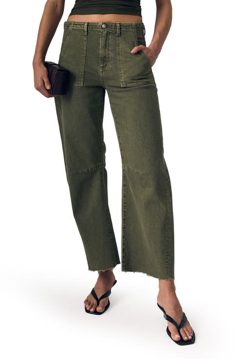 Raw Hem Barrel Utility Jeans (Olive Green)