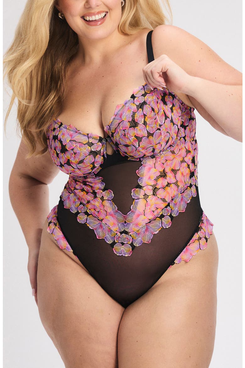 Sun Tide Floral Lace Underwire Teddy, Alternate, color, BLACK CAVIAR