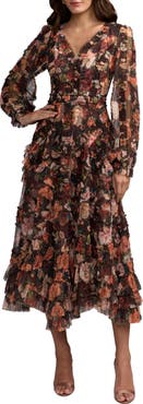 Mac Duggal Multicolor Floral Long Sleeve Mirco Ruffle Midi Dress