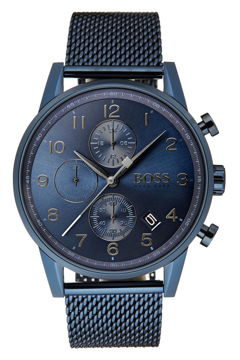 Navigator Chronograph Mesh Strap Watch, 44mm, Main, color, NAVY/ NAVY