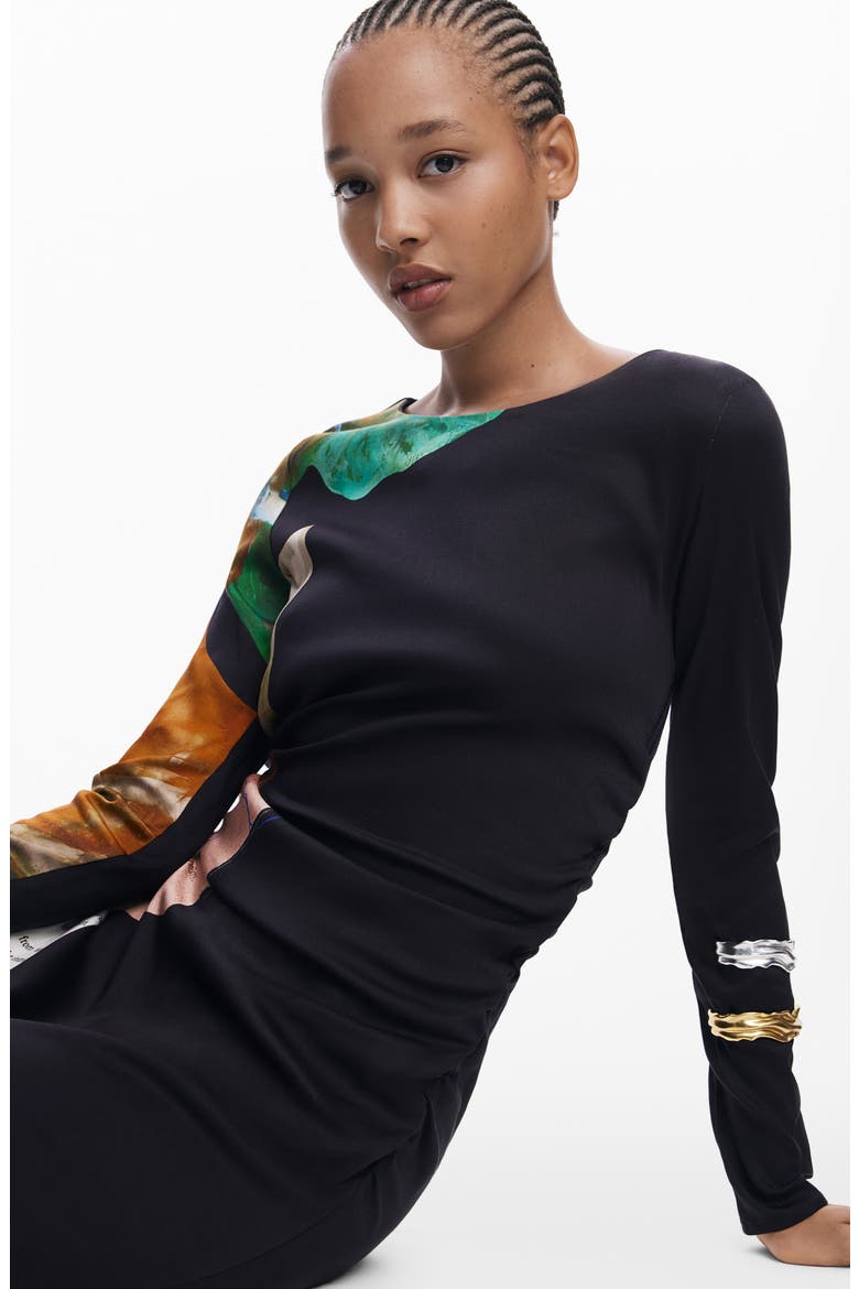 Mix Print Long Sleeve Midi Dress, Alternate, color, BLACK