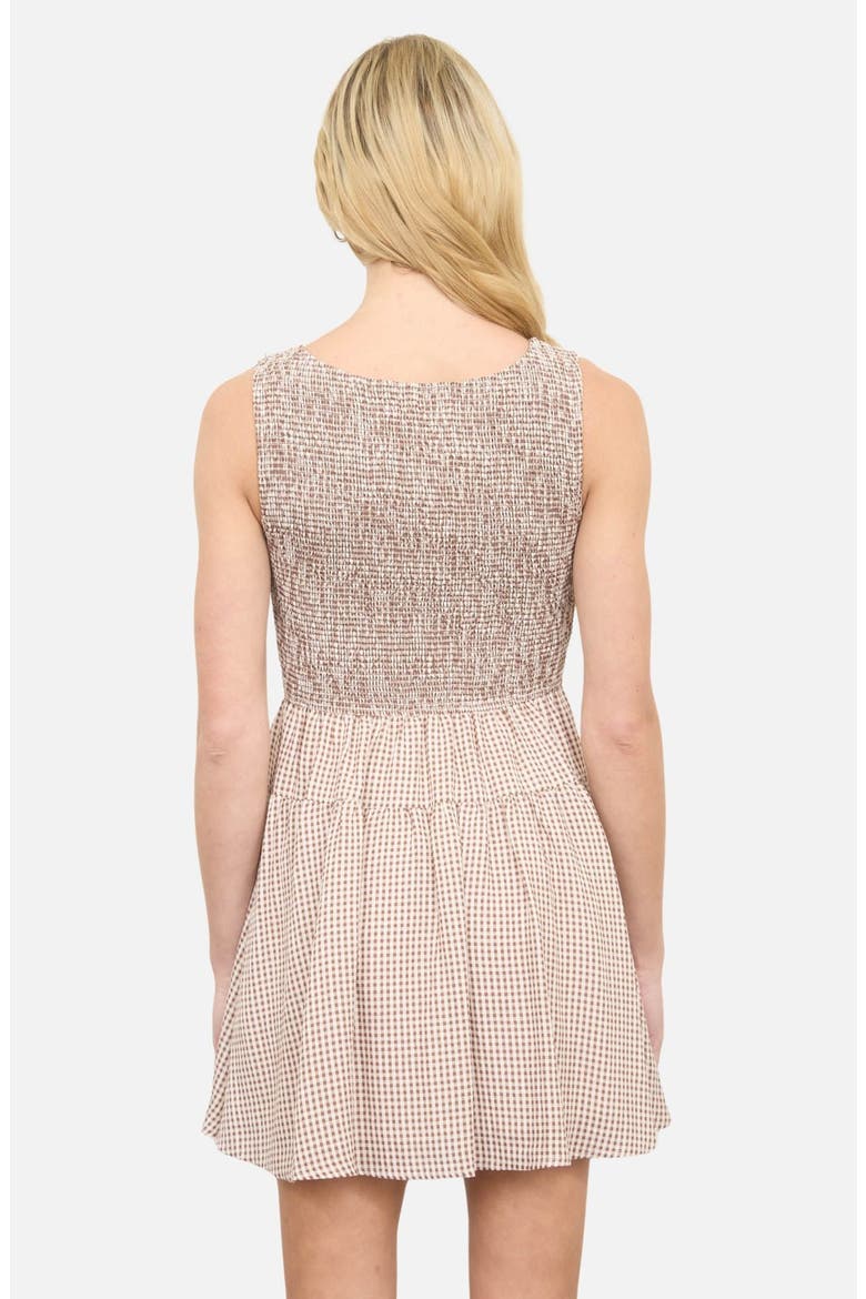 Smocked Gingham Sleeveless Minidress, Alternate, color, BROWN