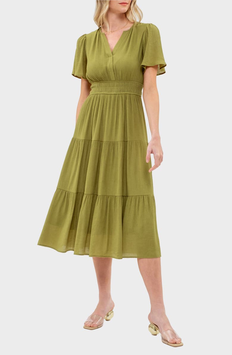 AUGUST SKY Split Neck Tiered Midi Dress, Main, color, Kiwi