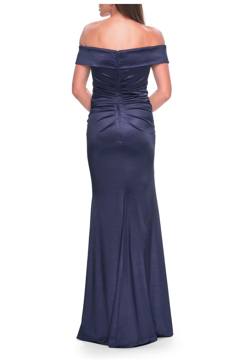 La Femme Off the Shoulder Stretch Satin Evening Dress, Alternate, color, Navy