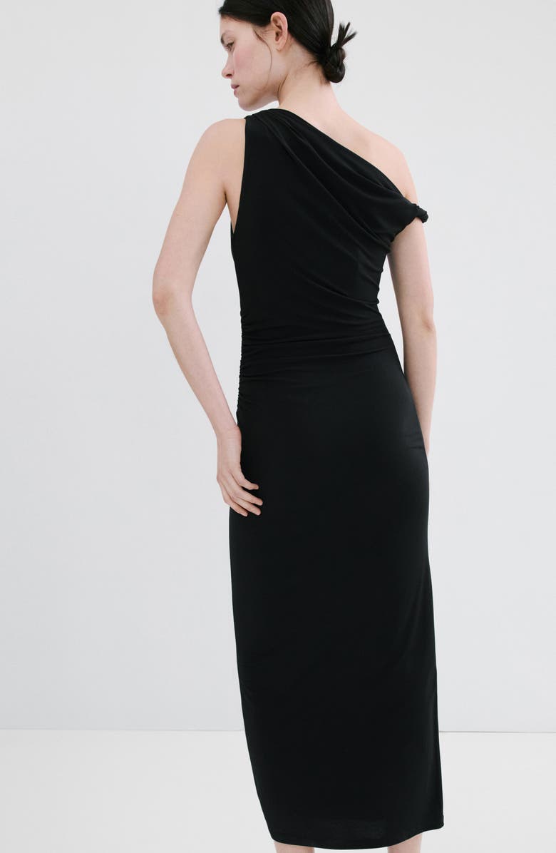 MANGO Tory Ruched One-Shoulder Midi Dress, Alternate, color, Black