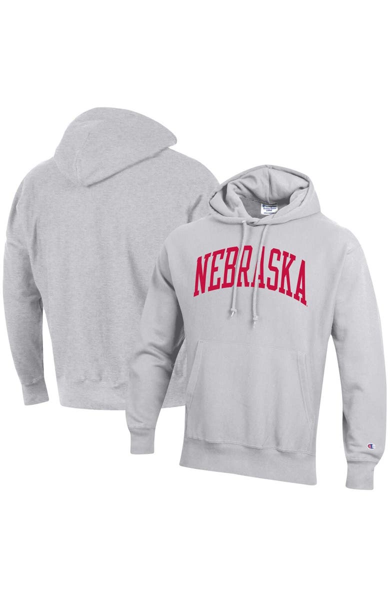 Champion Men's Champion Heathered Gray Nebraska Huskers Team Arch Reverse Weave Pullover Hoodie, Main, color, 
