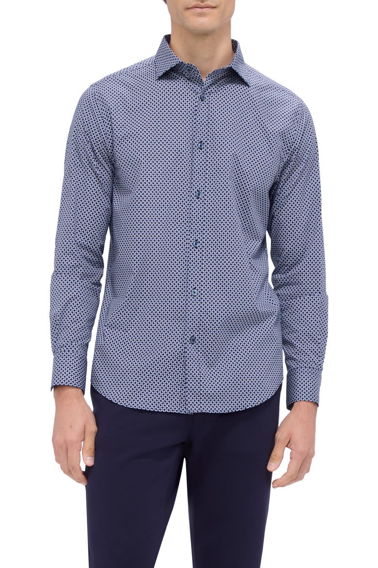 Axel Shaped Fit Geo Print Stretch Button-Up Shirt, Main, color, NAVY