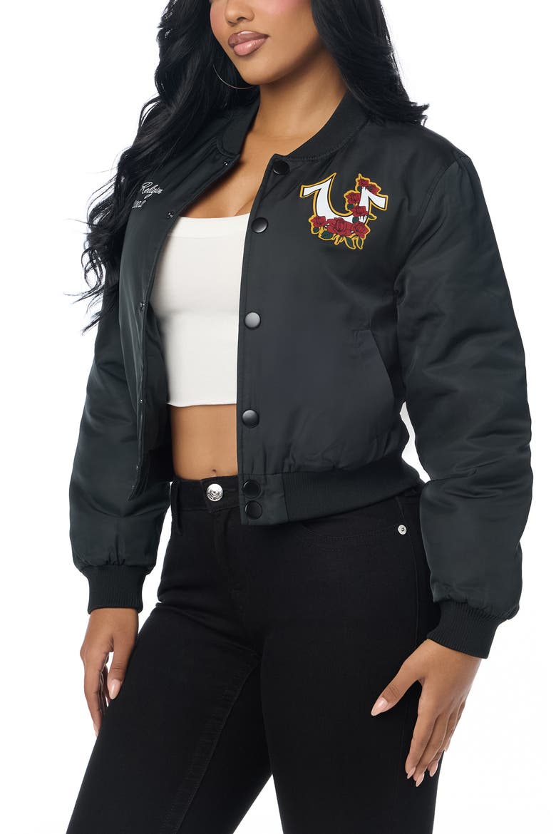 Patch Nylon Bomber Jacket, Alternate, color, JET BLACK