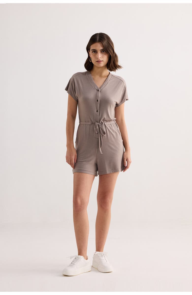 Reistor Regular Fit V-neck Drawstring Knit Romper, Main, color, Dusty Brown