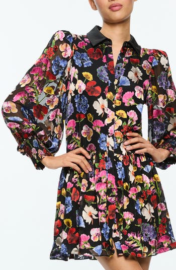 Alice + Olivia Bertha Floral Long Sleeve Mini Shirtdress