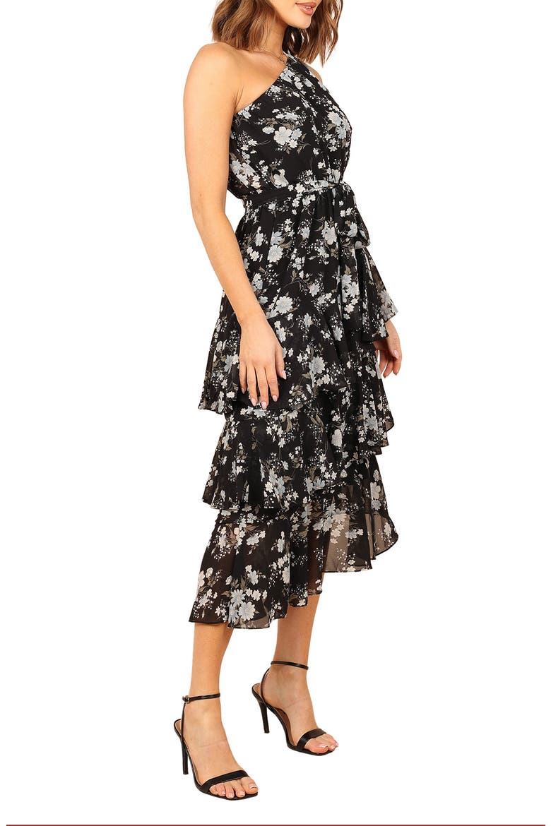 Brigette Floral One-Shoulder Tiered Midi Dress, Alternate, color, BLACK FLORAL